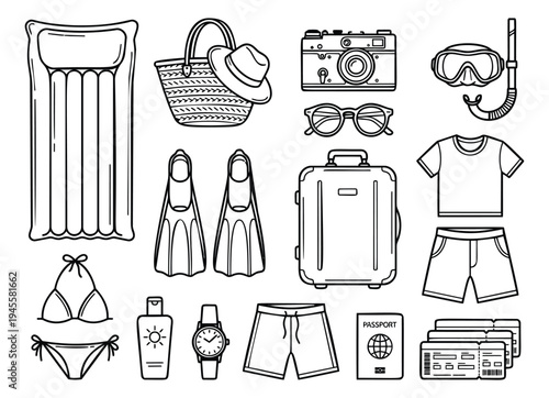 Outline icon set of 16 beach vacation essentials featuring travel gear, swimwear and summer accessories for tourism design