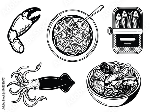 Engraving icon set of 5 seafood items featuring lobster, pasta, sardines, squid and mussels for culinary design