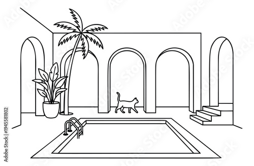 Line art illustration of moroccan courtyard with pool depicting serene architectural scene for interior design