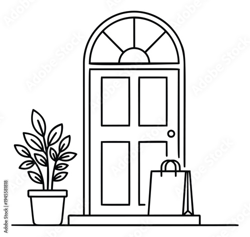 Outline illustration of front door entrance with shopping bags and potted plant depicting home delivery for retail and ecommerce design