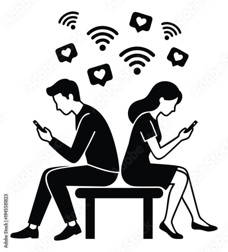 Silhouette illustration of couple on smartphones depicting social media addiction and digital disconnect for communication design