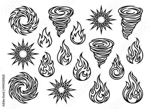 Bold silhouette icon set of 19 featuring fire flames, tornadoes, and explosion effects for energy and weather design