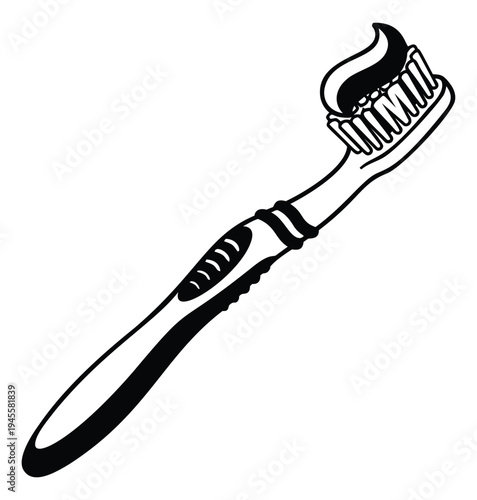 Outline illustration of toothbrush with toothpaste depicting dental hygiene for oral care design
