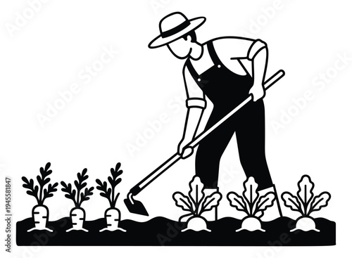 Silhouette illustration of farmer gardening with hoe depicting agricultural work for farming and cultivation design