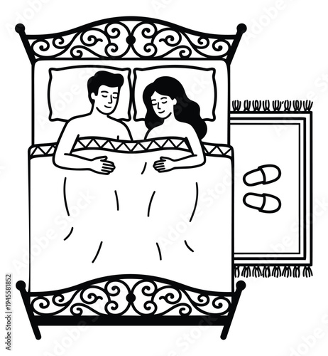 Line art illustration of couple sleeping in ornate bed depicting bedroom interior for home and lifestyle design