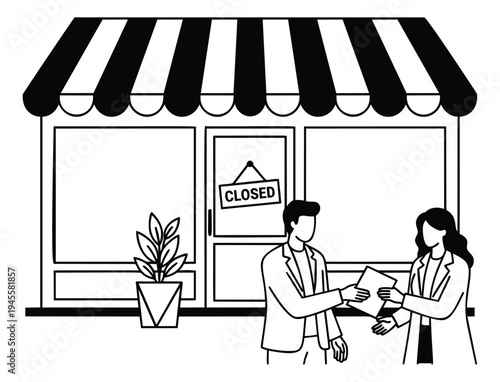Line art illustration of business partners reviewing documents at closed storefront depicting bankruptcy or lease handover for commercial real estate design