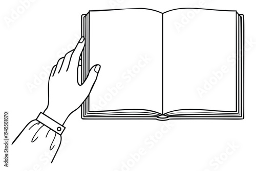 Line art illustration of hand holding open book depicting reading gesture for education and literature design