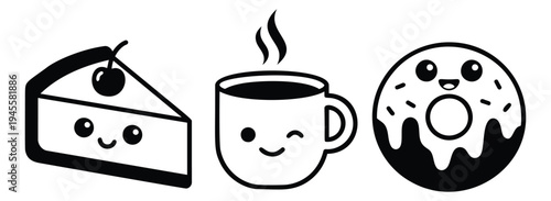 Cartoon icon set of 3 featuring cute dessert and beverage characters for food illustration design