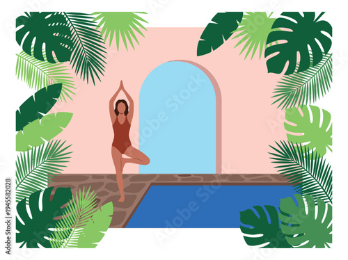 Flat illustration of woman doing yoga by pool depicting tree pose in tropical setting for wellness and relaxation design