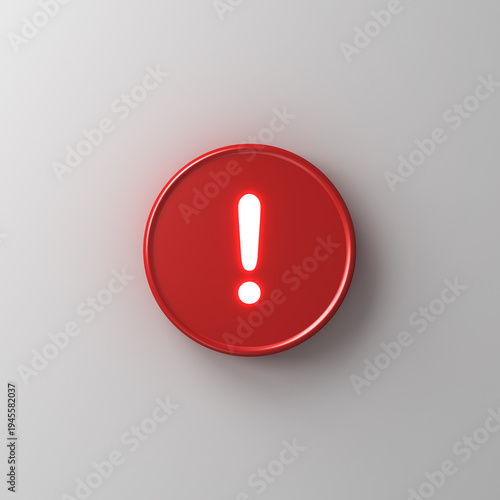 3d red round hazard warning attention sign with white neon light exclamation mark symbol icon isolated on white wall background with shadow 3D rendering