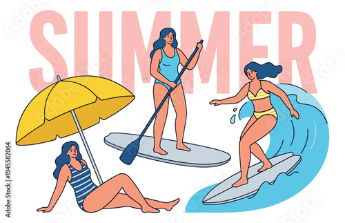 Flat illustration of summer beach activities depicting women surfing, paddle boarding and relaxing for seasonal lifestyle design