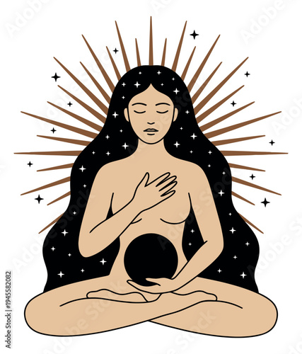 Line art illustration of meditating woman with cosmic energy depicting spiritual awakening for wellness design