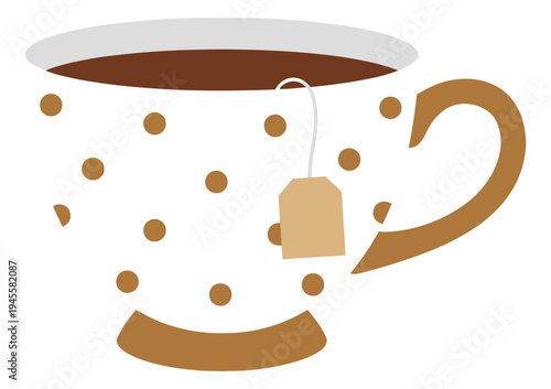 Flat illustration of polka dot teacup with tea bag depicting cozy beverage for cafe and kitchen design