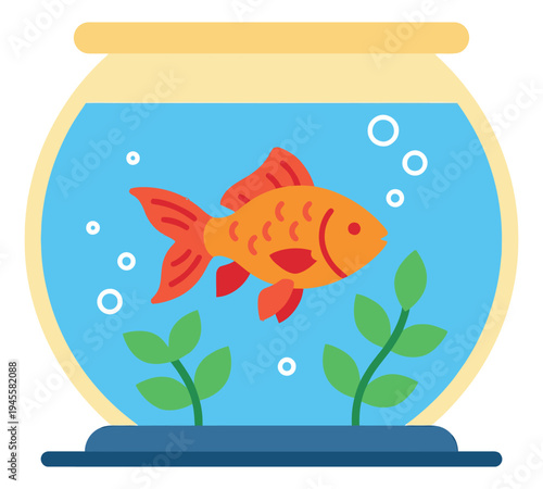 Flat illustration of goldfish in bowl depicting aquarium pet scene for animal and home decor design