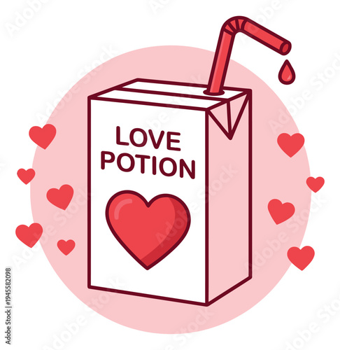 Cartoon illustration of love potion juice box depicting romantic beverage with heart and straw for valentine design