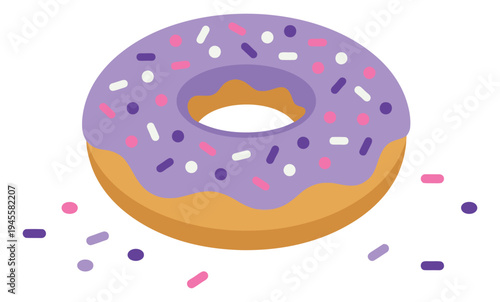 Flat illustration of glazed donut with purple frosting and sprinkles for bakery and dessert design