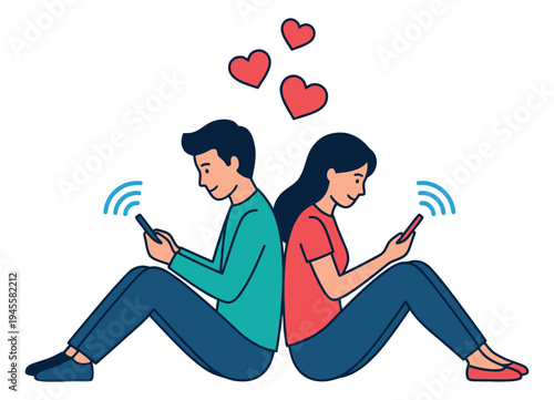 Cartoon illustration of couple sitting back to back with smartphones depicting online dating and digital communication for relationship design