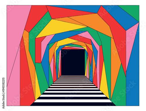 Geometric illustration of colorful perspective tunnel depicting abstract architectural corridor for modern design