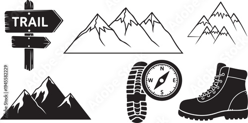 Hiking Trail Icons and Mountain Climbing Symbols Illustration Set