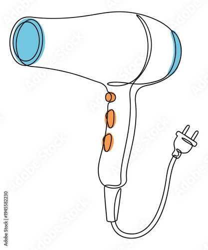Cartoon illustration of electric hair dryer with cord and plug for beauty and personal care design