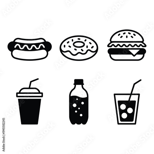Collection of classic fast food and beverage icons including burgers and soft drinks