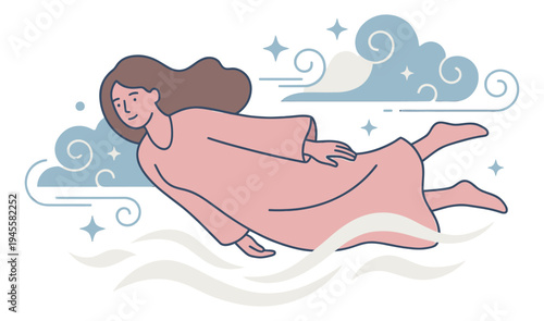 Cartoon illustration of woman floating in clouds depicting dream and relaxation for wellness design