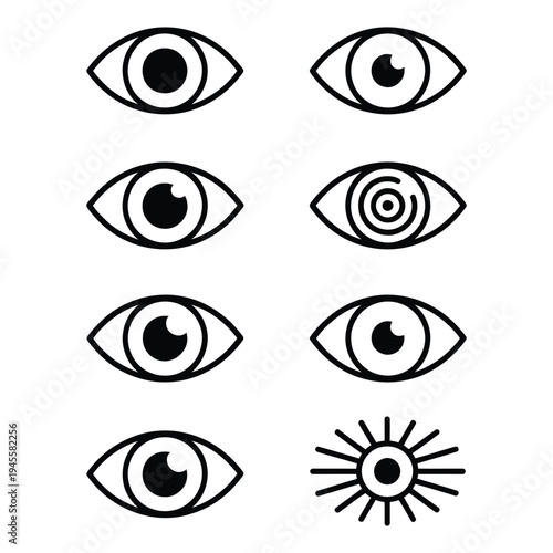 Collection of different eye icons representing vision and sight concepts
