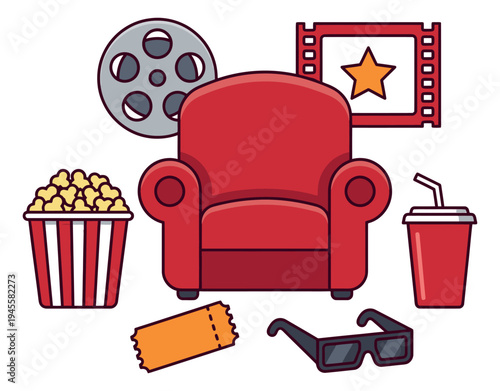 Cartoon icon set of 7 home cinema elements featuring armchair, popcorn and film reel for entertainment design