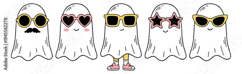Cartoon icon set of 5 cool ghost characters featuring sunglasses and mustache accessories for halloween design