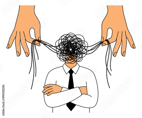 Line art illustration of tangled mind concept depicting hands untangling confused thoughts for mental health design
