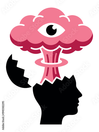 Flat illustration of exploding brain with eye depicting creative insight and mental breakthrough for psychology design