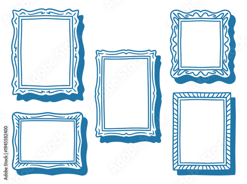 Outline icon set of 5 decorative picture frames featuring ornate borders and vintage designs for interior design