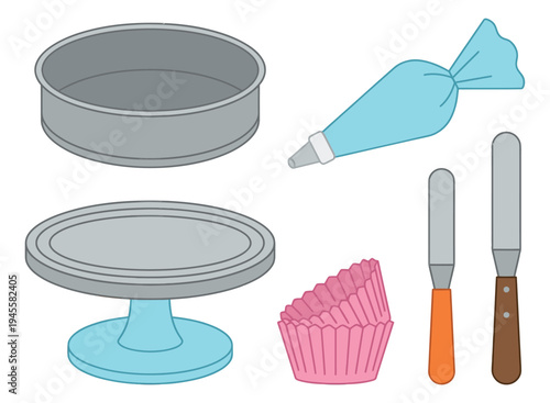 Flat icon set of 7 baking equipment featuring cake pan, turntable and decorating tools for culinary design