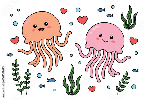 Cartoon illustration of two cute jellyfish couple depicting love and romance for valentine and ocean theme design