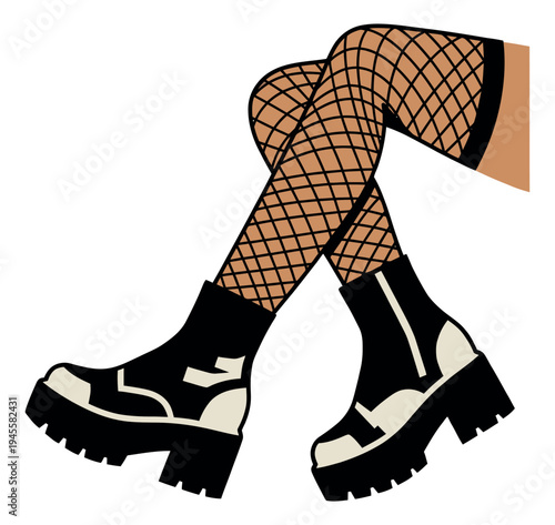 Cartoon illustration of legs in fishnets and platform boots depicting edgy fashion style for youth and streetwear design