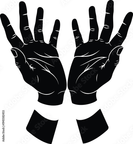 A pair of black gloves with fingers spread apart on a white background