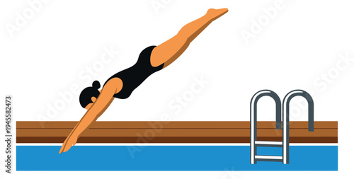 Flat illustration of swimmer diving into pool depicting athletic motion for sports and recreation design