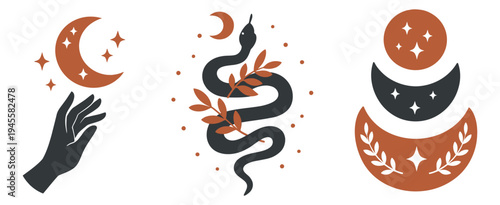 Flat icon set of 3 celestial symbols featuring mystical moon, snake and botanical elements for spiritual design