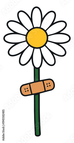 Cartoon illustration of white daisy flower with bandage depicting healing and care for wellness design