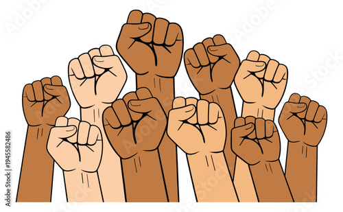 Cartoon illustration of diverse raised fists depicting solidarity and empowerment for social justice design