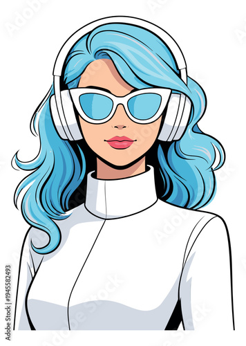 Cartoon illustration of stylish woman with blue hair depicting music listener wearing headphones for youth culture design