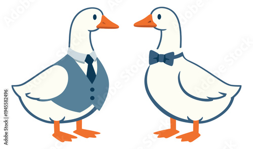 Cartoon illustration of two elegant geese wearing formal attire depicting dressed birds for wedding and event design