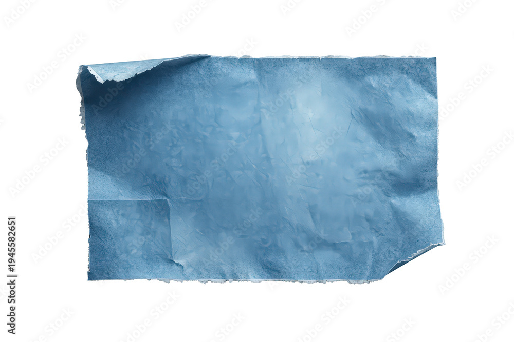 Obraz premium Torn blue paper piece with wrinkled texture and distressed edges, providing a blank aged background, transparent background