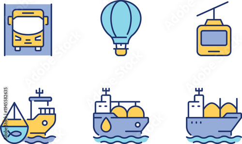 Illustrations of various transportation and travel-themed icons