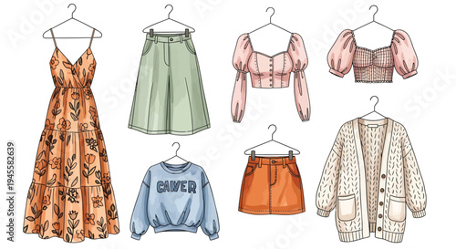 Set of 7 clothing items vector illustrations