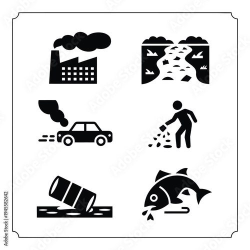 Collection of pollution icons depicting environmental damage from industrial and human activity