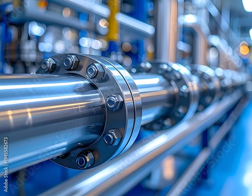 Industrial pipeline with flanges and bolts in a manufacturing plant.