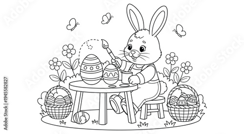 Easter bunny painting eggs with butterflies and flowers, coloring book style