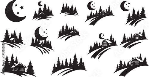 Black Silhouette Icons of Moonlit Forest Scenes and Houses