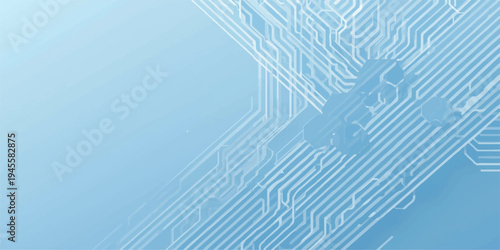 Abstract blue background featuring a digital hand print pattern integrated with electronic circuit board lines and microchip tech design elements for a modern science and communication concept